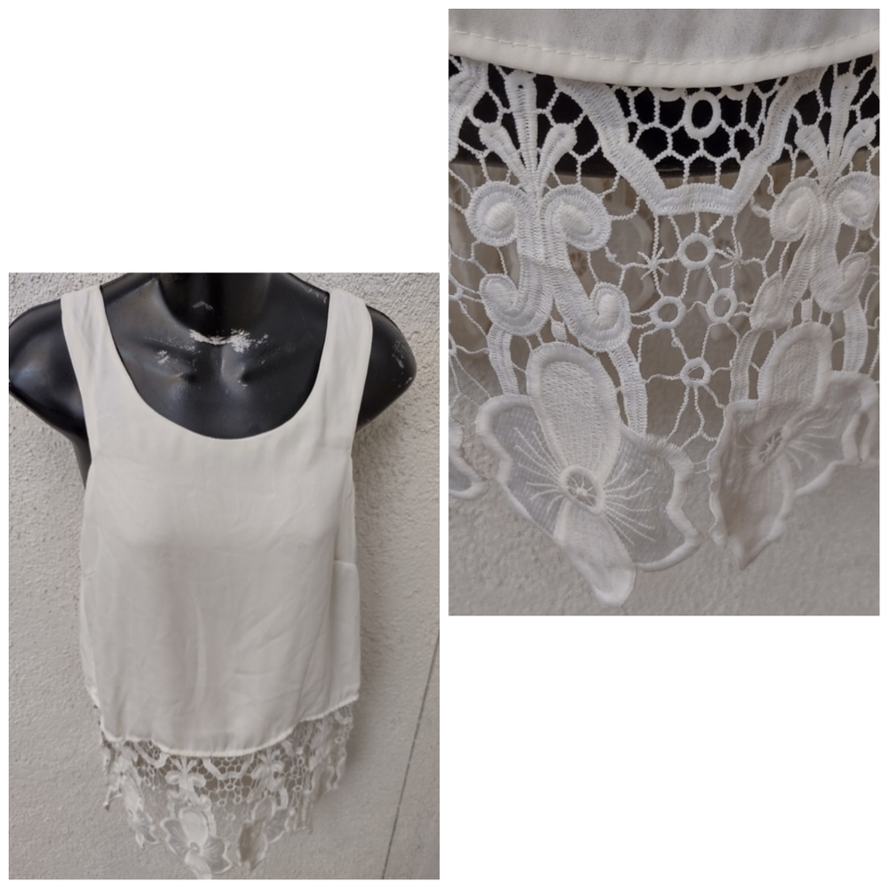 Gracie White Tank Top with Lace Trim Casual Summer Festival Party Small